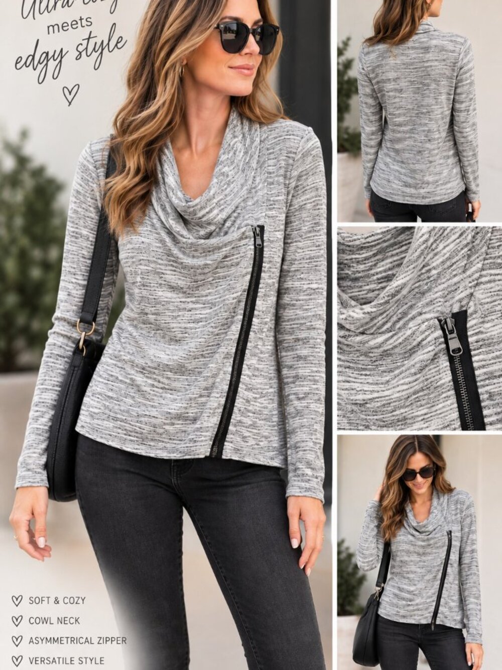 Lou & Grey Signature Soft Asymmetrical Moto Zip Drape Neck Cardigan Jacket M